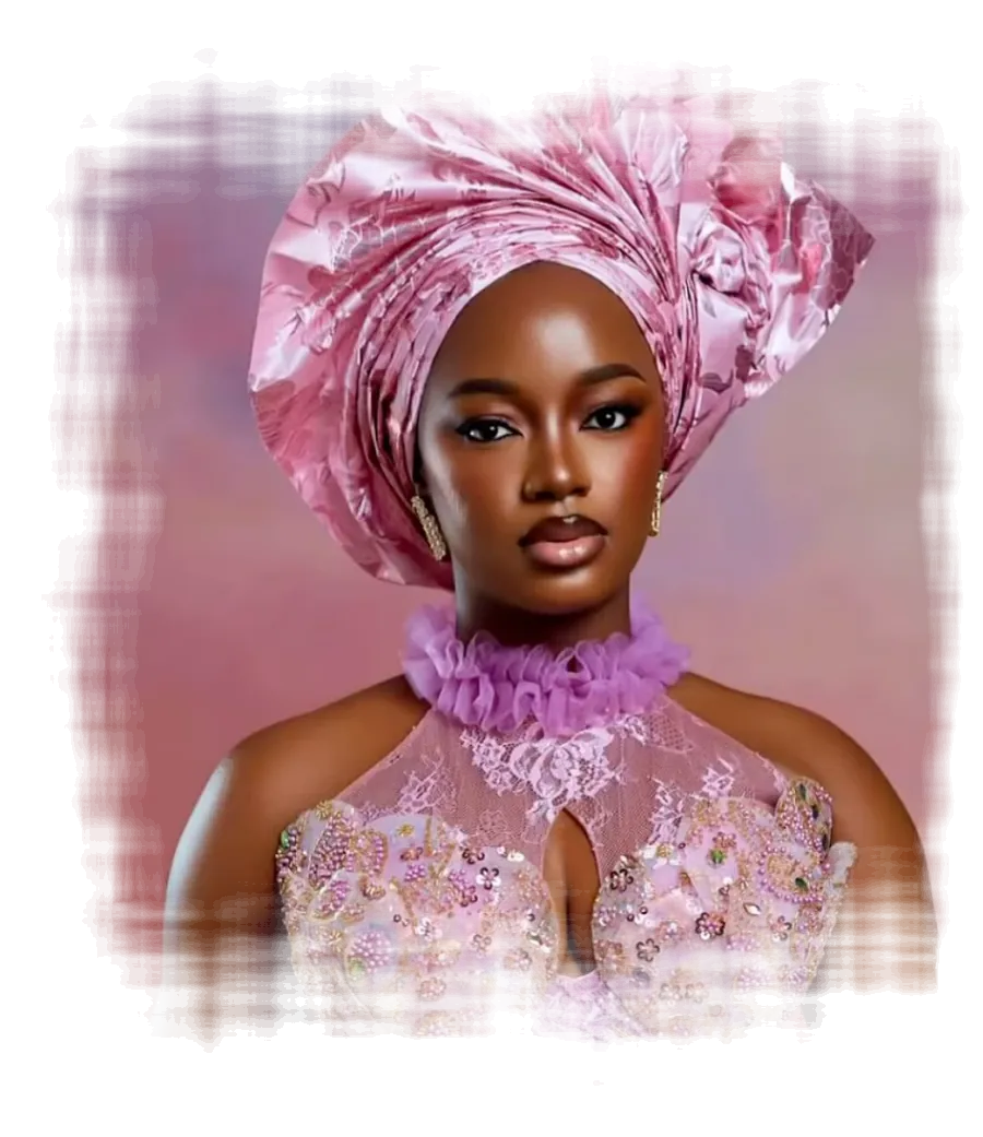 Model in a pink brocade autogele with a beaded lace outfit